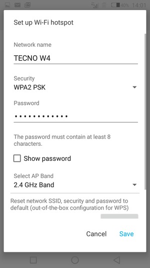 Enter a Wi-Fi hotspot password of at least 8 characters and select Save