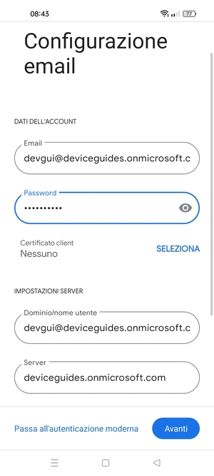 Inserisci Nome utente e l'indirizzo del server Exchange. Seleziona Avanti