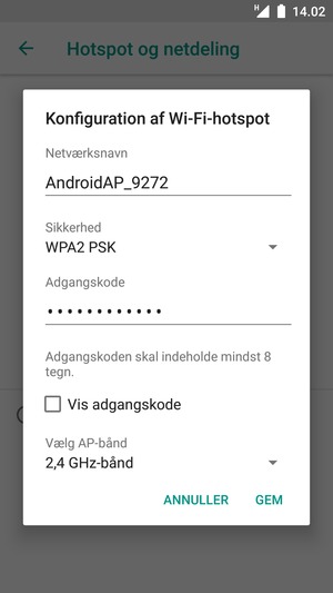 Indtast en Wi-Fi-hotspot adgangskode på minimum 8 tegn og vælg GEM