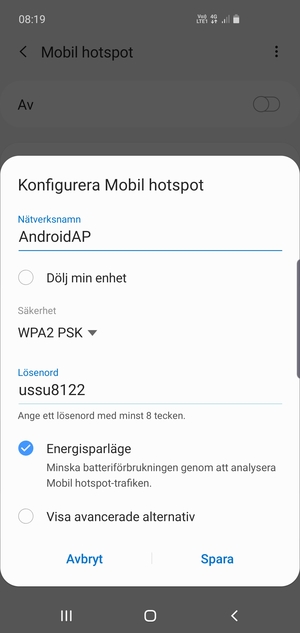 Ange ett lösenord bestående av minst  8  tecken och välj  Spara