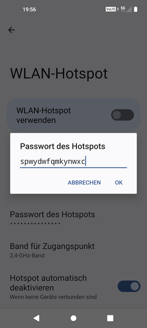 Geben Sie eine WLAN-Hotspot-Passwort mit mindestens 8 Zeichen ein und wählen Sie OK