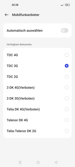 Wählen Sie einen Netzbetreiber von der Liste
