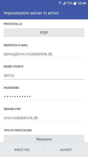 Inserisci Nome utente e l'indirizzo del server Posta in arrivo. Seleziona AVANTI