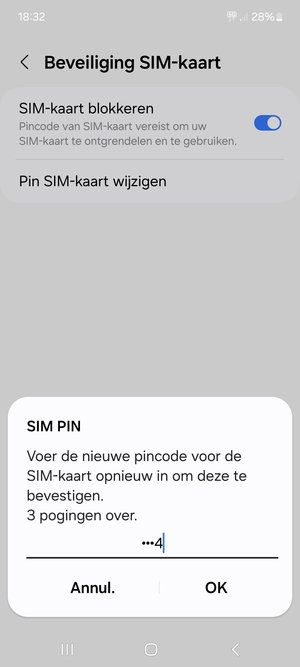 Bevestig uw nieuwe pincode voor de SIM-kaart en selecteer OK