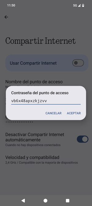 Introduzca una contraseña de punto de acceso Wi-Fi de al menos 8 caracteres y seleccione ACEPTAR