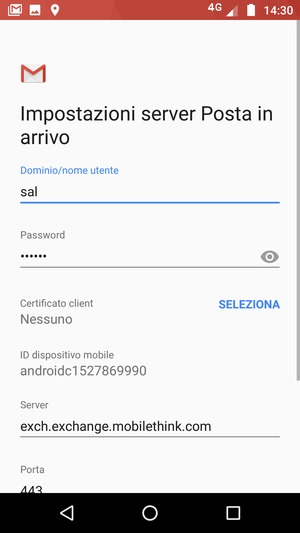 Inserisci Nome utente e l'indirizzo del server Exchange