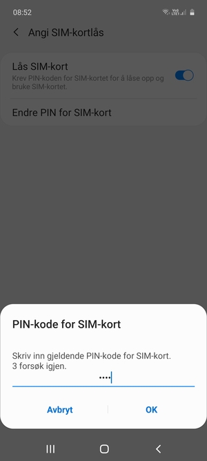 Skriv inn Gjeldende PIN-kode for SIM-kort og velg OK