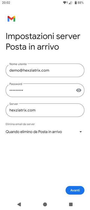 Inserisci Nome utente e l'indirizzo del server di posta in arrivo. Seleziona Avanti