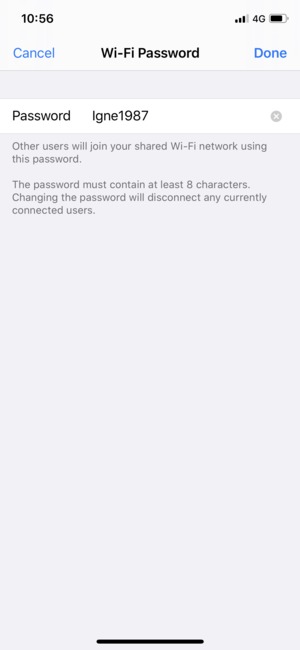 Enter a Wi-Fi hotspot password of at least 8 characters and select Done
