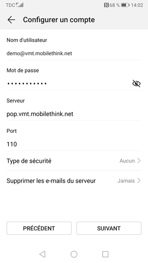 Saisissez votre Nom d'utilisateur et l'adresse du serveur entrant. Sélectionnez SUIVANT