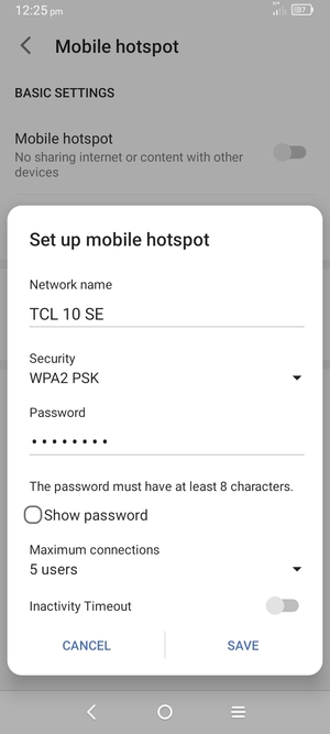 Enter a Wi-Fi hotspot password of at least 8 characters and select SAVE