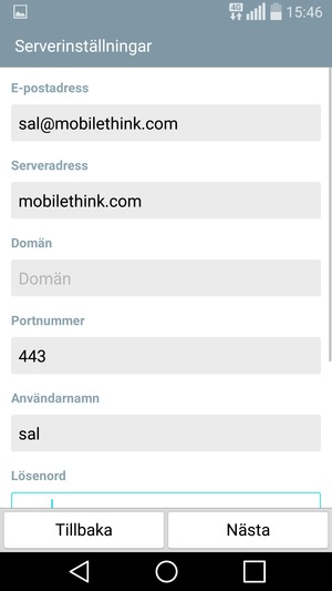 Ange Exchange-serveradress och Användarnamn. Välj Nästa