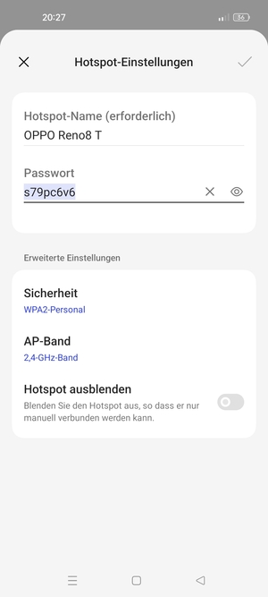 Geben Sie eine WLAN-Hotspot-Passwort mit mindestens 8 Zeichen ein und wählen Sie OK