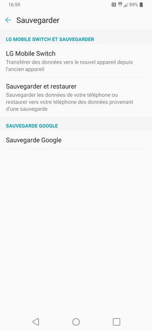 Sélectionnez Sauvegarde Google