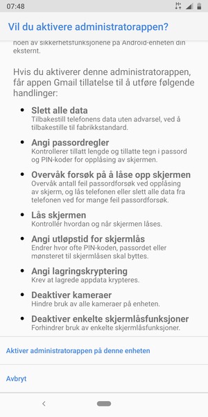 Bla til og velg Aktiver administratorappen på denne enheten
