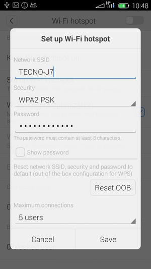 Enter a Wi-Fi hotspot password of at least 8 characters and select Save