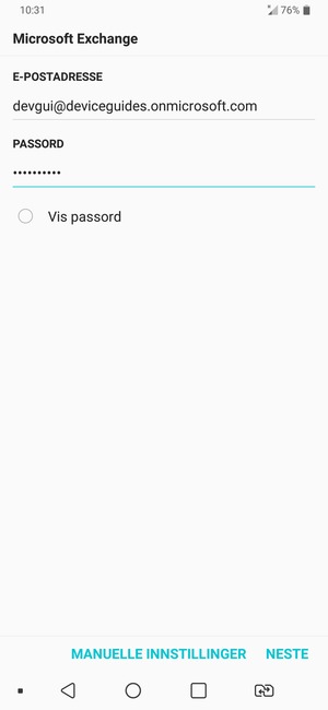 Skriv inn e-postadresse og passord. Velg MANUELLE INNSTILLINGER