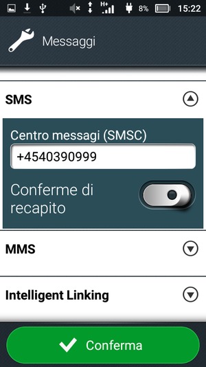 Inserisci il numero di Centro messagi (SMSC) e seleziona Conferma