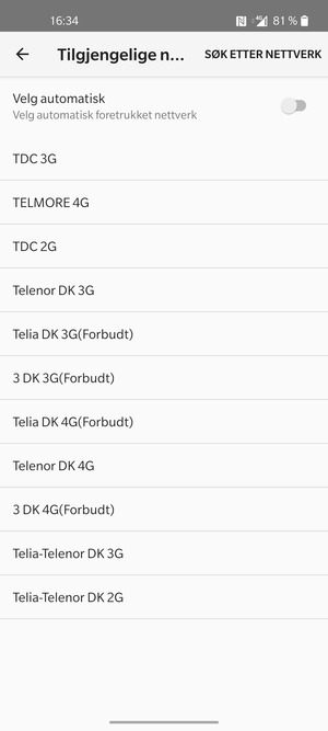 Velg en nettverksoperatør fra listen