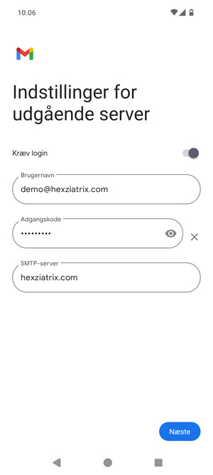Indtast Udgående serveradresse og vælg Næste