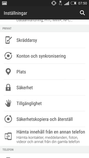Scrolla till och välj Säkerhetskopiera och återställ