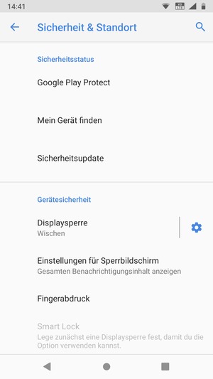 Um Ihre Bildschirmsperre zu aktivieren, gehen Sie zum Sicherheit & Standort Menü und wählen Sie  Displaysperre