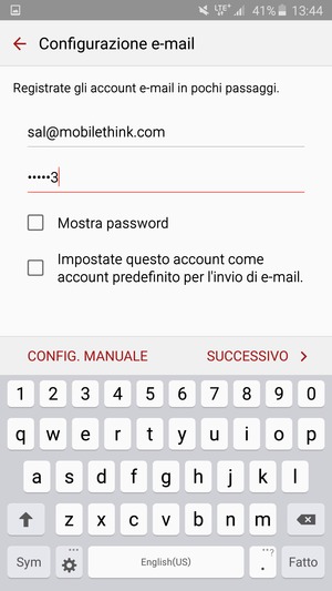 Inserisci il tuo indirizzo email e password. Seleziona CONFIG. MANUALE