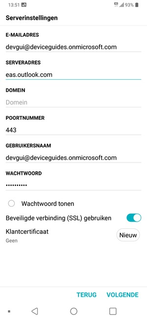 Voer Exchange serveradres en GEBRUIKERSNAAM in. Selecteer VOLGENDE