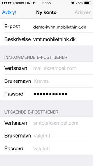 Skriv inn e-postinformasjon for UTGÅENDE E-POSTTJENER og velg Arkiver