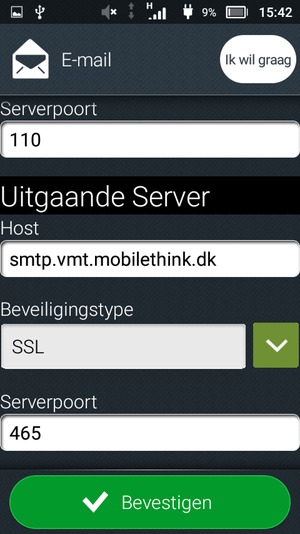 Voer Uitgaand serveradres in en selecteer Bevestigen