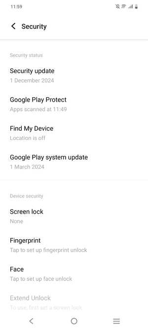 To activate your screen lock, go to the Security menu and select Screen lock
