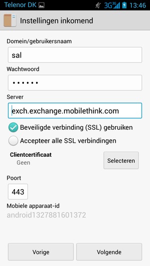 Voer Gebruikersnaam en Exchange serveradres in. Selecteer Volgende