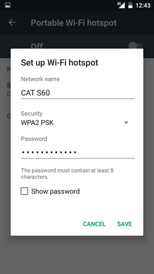Enter a Wi-Fi hotspot password of at least 8 characters and select SAVE