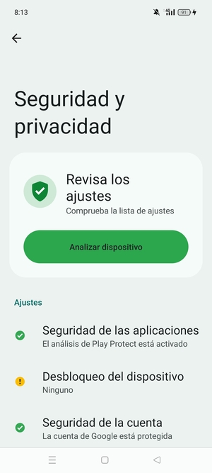 Para activar su bloqueo de pantalla, vaya al menú  Seguridad y privacidad y seleccione Desbloqueo del dispositivo