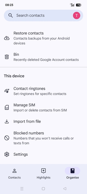 Scroll to and select Manage SIM