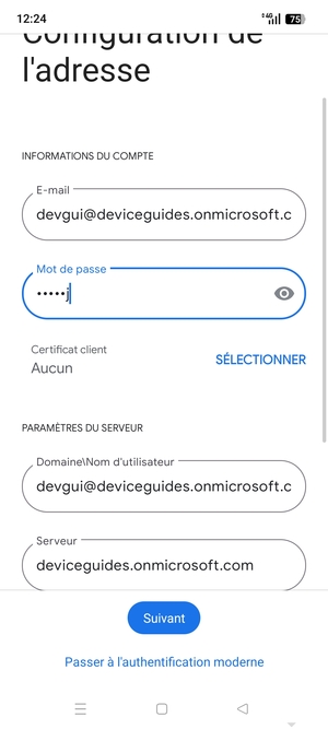 Saisissez votre Nom d'utilisateur et l'adresse du serveur Exchange. Sélectionnez Suivant