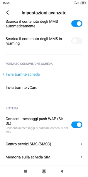 Seleziona Centro servizi SMS (SMSC)