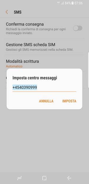 Inserisci il numero di Centro messaggi e seleziona IMPOSTA
