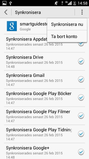 Tryck på Meny-knappen och välj Synkronisera nu