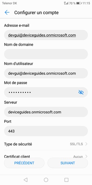 Saisissez l'adresse du serveur Exchange et sélectionnez SUIVANT
