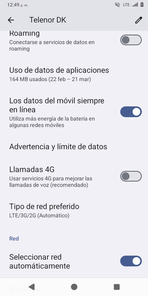 Desplácese  y seleccione Tipo de red preferido