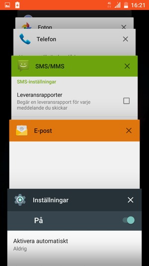 Tryck på ikonen X för att stänga alla appar som körs