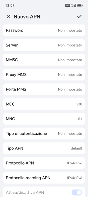 Scorri verso il basso e inserisci le informazioni degli MMS