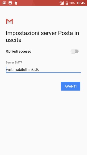 Inserisci l'indirizzo del server di posta in uscita e seleziona AVANTI
