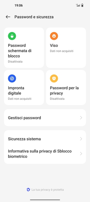Per attivare il blocco dello schermo, vai al menu Password e sicurezza e seleziona Password schemata di blocco