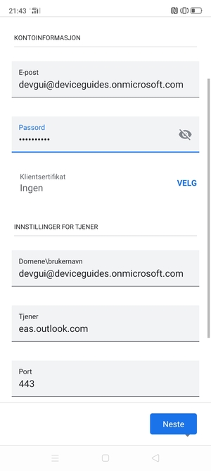 Bla ned og skriv inn Brukernavn og Exchange serveradresse. Velg Neste