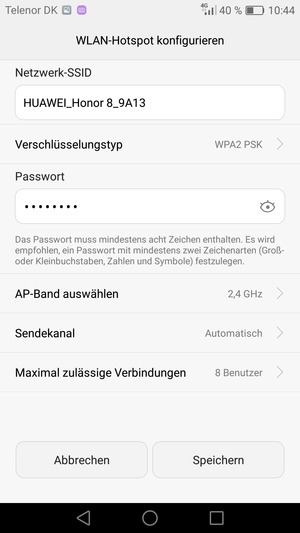 Geben Sie eine WLAN-Hotspot-Passwort mit mindestens 8 Zeichen ein und wählen Sie Speichern