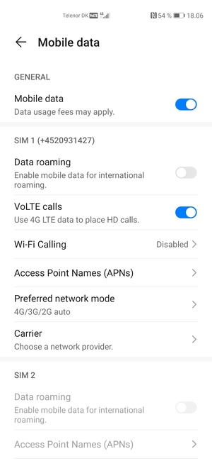 Scroll to SIM 1 or SIM 2 and select Access Point Names (APNs)