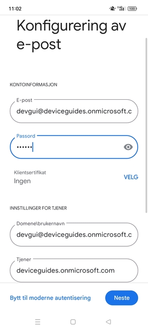 Skriv inn Brukernavn og Exchange serveradresse. Velg Neste