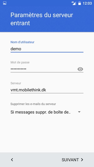 Saisissez votre Nom d'utilisateur et l'adresse du serveur entrant. Sélectionnez SUIVANT